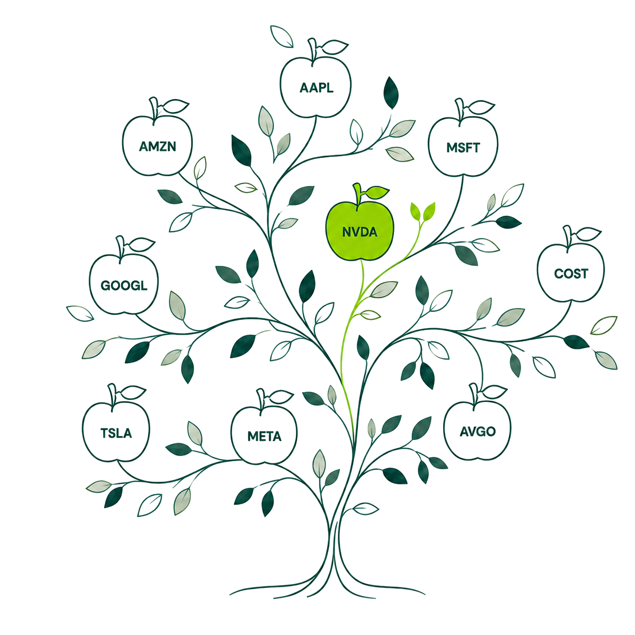 A leafy line-art tree bearing AAPL, AMZN, MSFT, NVDA, GOOGL, COST, TSLA, META and AVGO fruits.